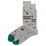 Gray socks with holiday-themed designs and text on a white background