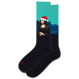 Black socks with a Mona Lisa wearing a Santa hat design on a teal background thumbnail