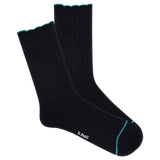 Pair of black K.bell socks with blue trim detailing on a white background