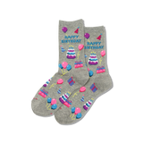 Gray socks with birthday-themed designs on a white background