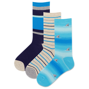 Three pairs of socks with different designs on a white background