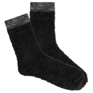 Pair of black socks with gray cuffs on a white background