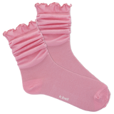 Pink socks with ruffled top on a white background, featuring the brand 'k.bell'.