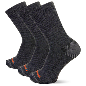 Three pairs of gray socks with orange branding on a white background