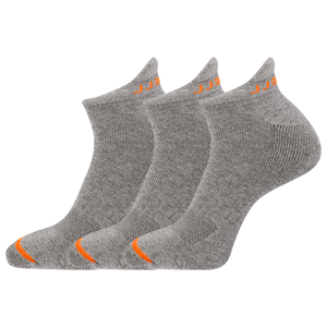 Three pairs of gray ankle socks with orange accents on a white background