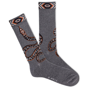 A pair of men's crew socks with a snake design, predominantly gray with orange and black accents, and a visible brand logo at the ankle.