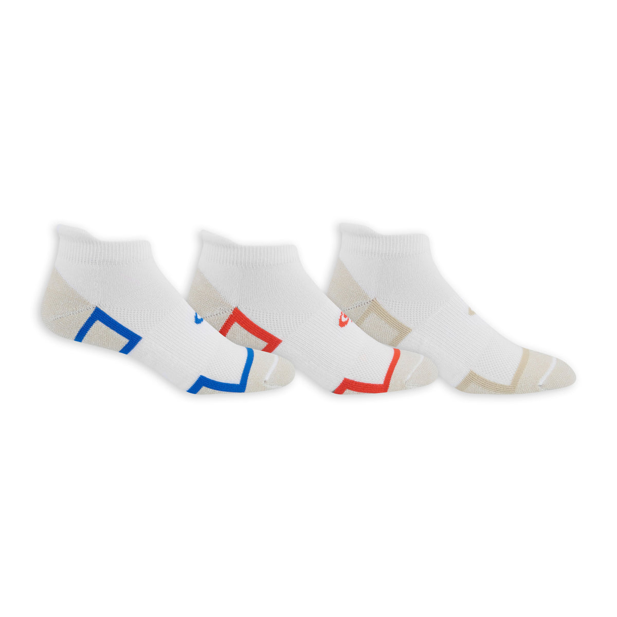 Three pairs of socks with geometric designs on a white background