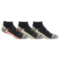 Three pairs of black ankle socks with different color patterns on a white background