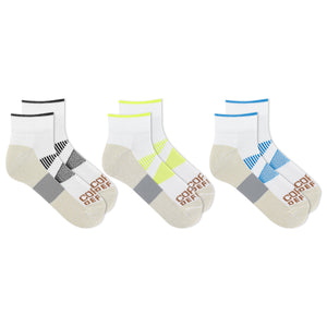 Three pairs of socks with different color patterns on a white background