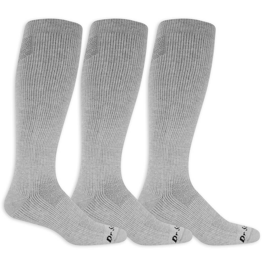 Three pairs of gray knee-high socks on a white background