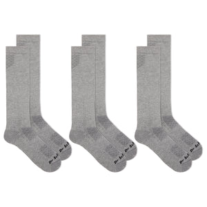 Three pairs of gray knee-high socks on a white background