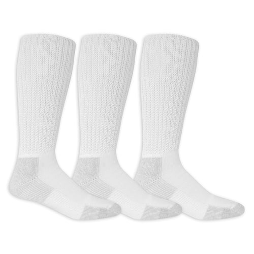 Three white knee-high socks on a white background
