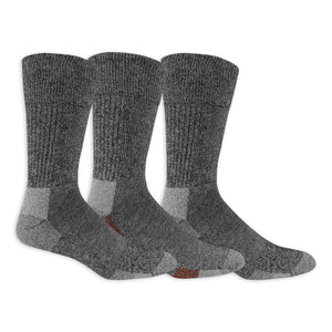 Three pairs of gray socks with a brand logo on a white background