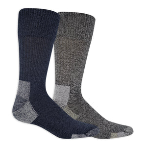 Two pairs of socks, one navy and one gray, on a white background