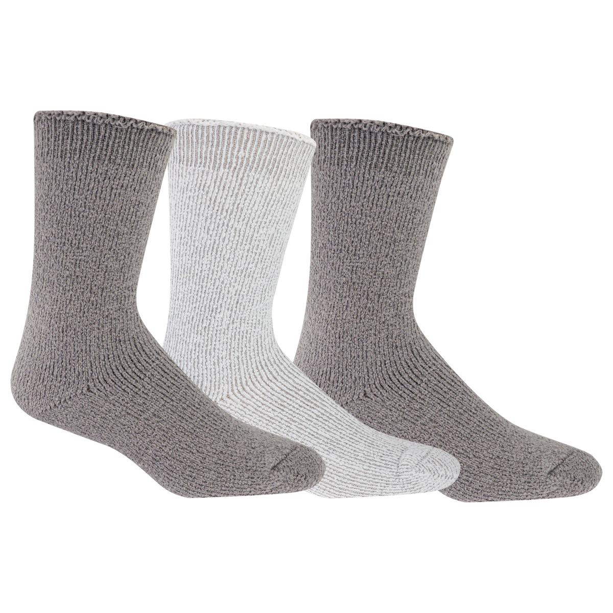 Three pairs of socks, two gray and one white, on a white background