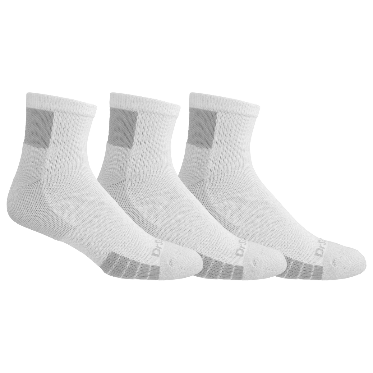 Three pairs of white and gray socks on a white background