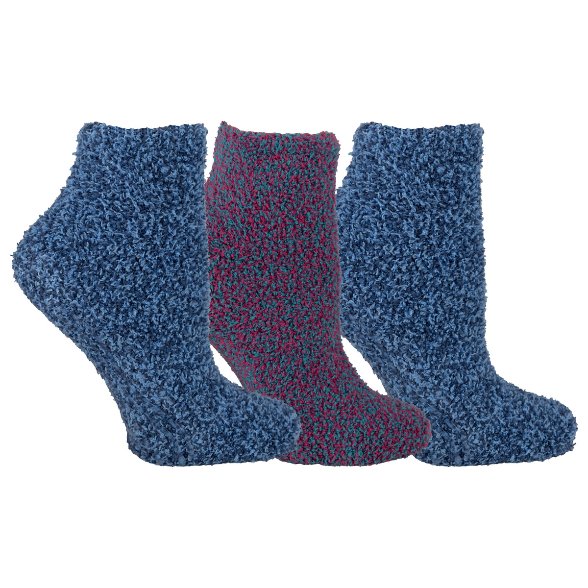 Three pairs of fuzzy socks in blue and red on a white background