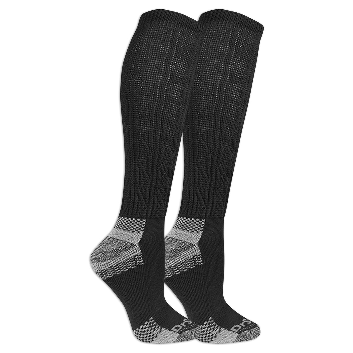 Pair of black knee-high socks with gray accents on a white background