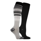 Two pairs of knee-high socks, one black and one gray with black stripes, on a white background. thumbnail