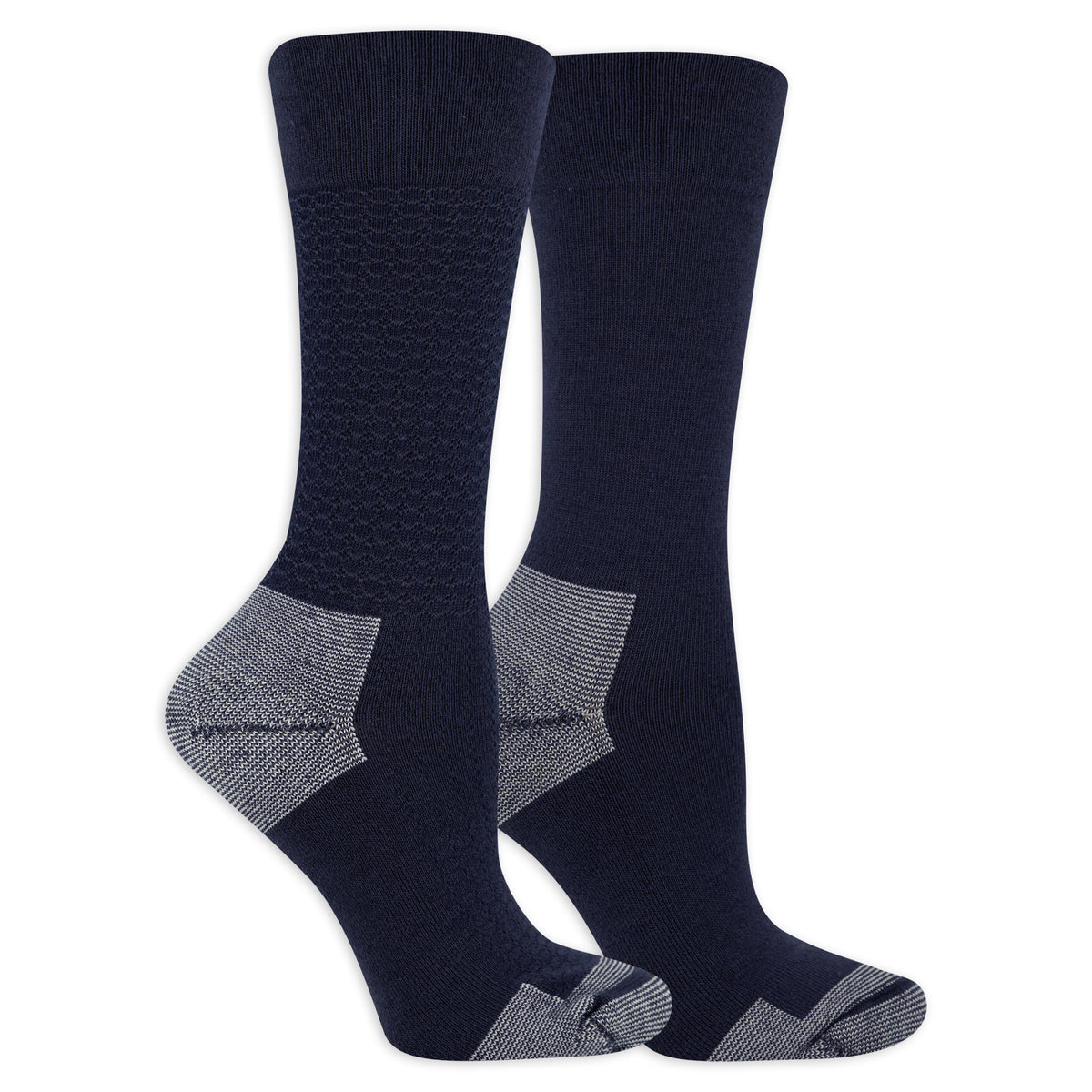 Pair of navy socks with gray accents on a white background