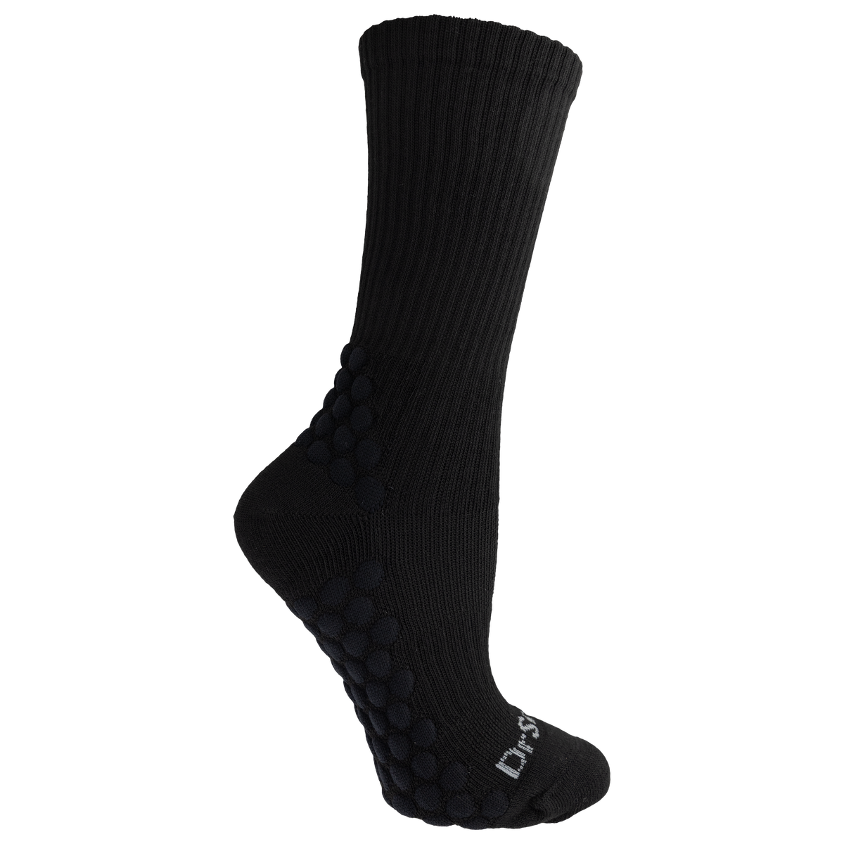 Black sock with textured sole on a white background