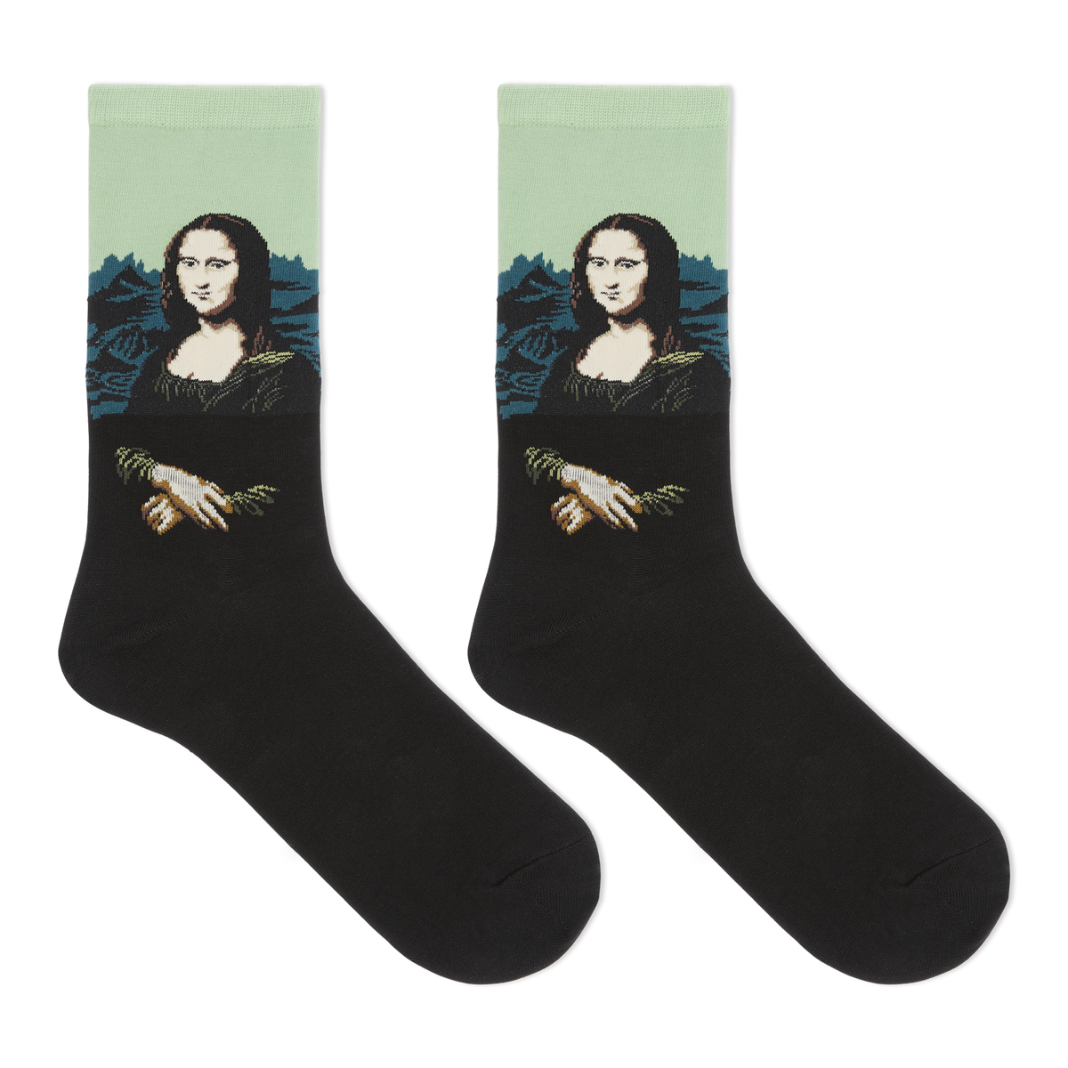 A pair of black crew socks featuring a printed graphic of the Mona Lisa with a light green background and blue mountains.