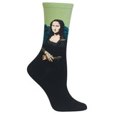 A single crew sock featuring a printed parody of the Mona Lisa wearing sunglasses, with a light green upper section and a black lower body, shown on a plain white background.