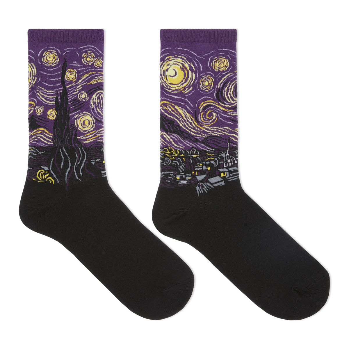 A pair of crew socks with a black lower half and a purple upper half featuring a stylized Van Gogh-inspired night sky and village scene in yellow, white, and gray.