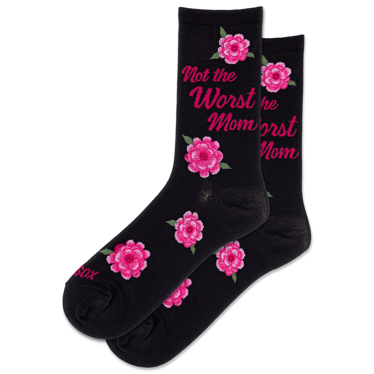 A pair of black crew socks with pink floral prints and the text 'Not the Worst the Mom Worst Mom' in pink script, displayed against a solid white background.