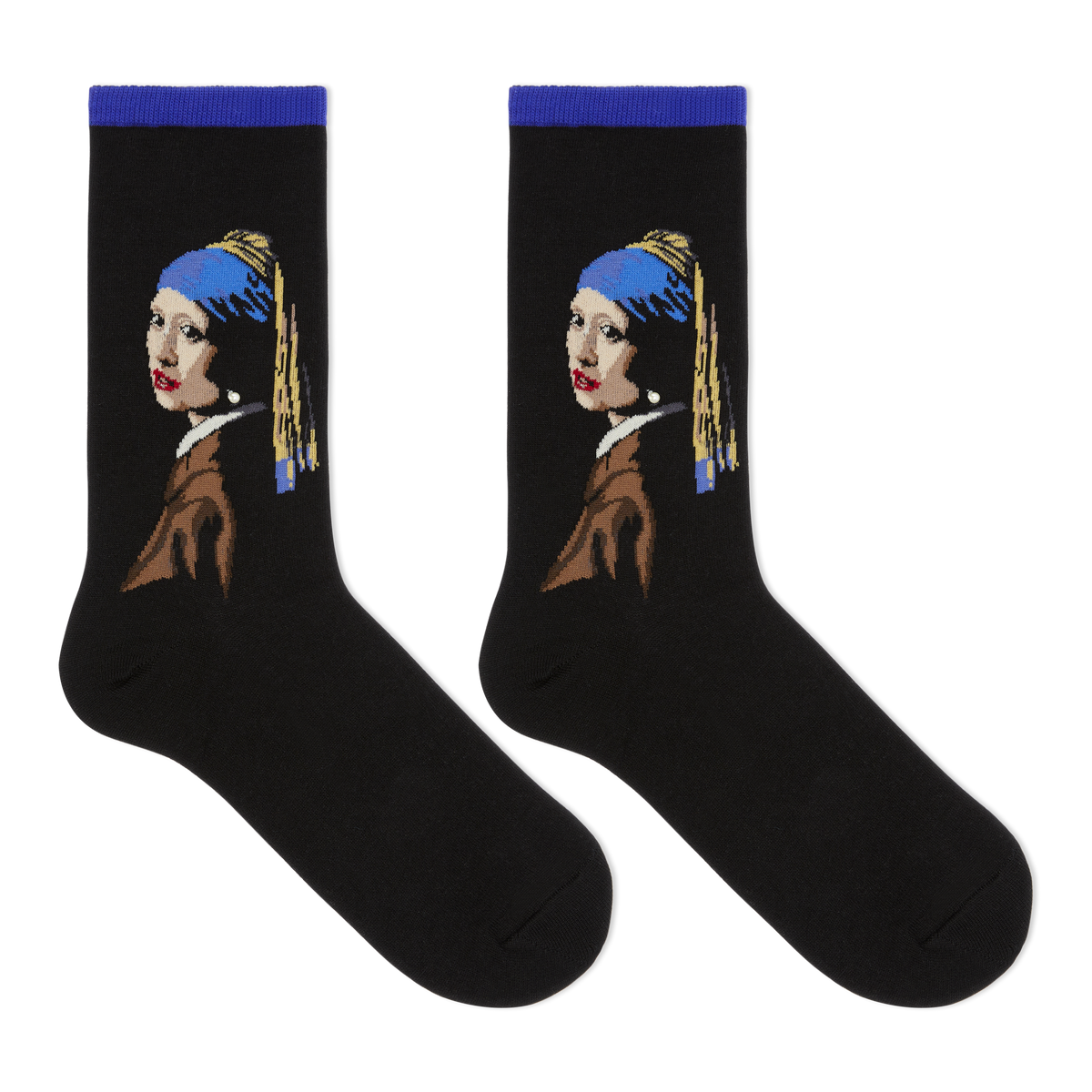 A pair of black crew socks featuring a stylized graphic of Vermeer's Girl with the Pearl Necklace, shown against a plain white background.