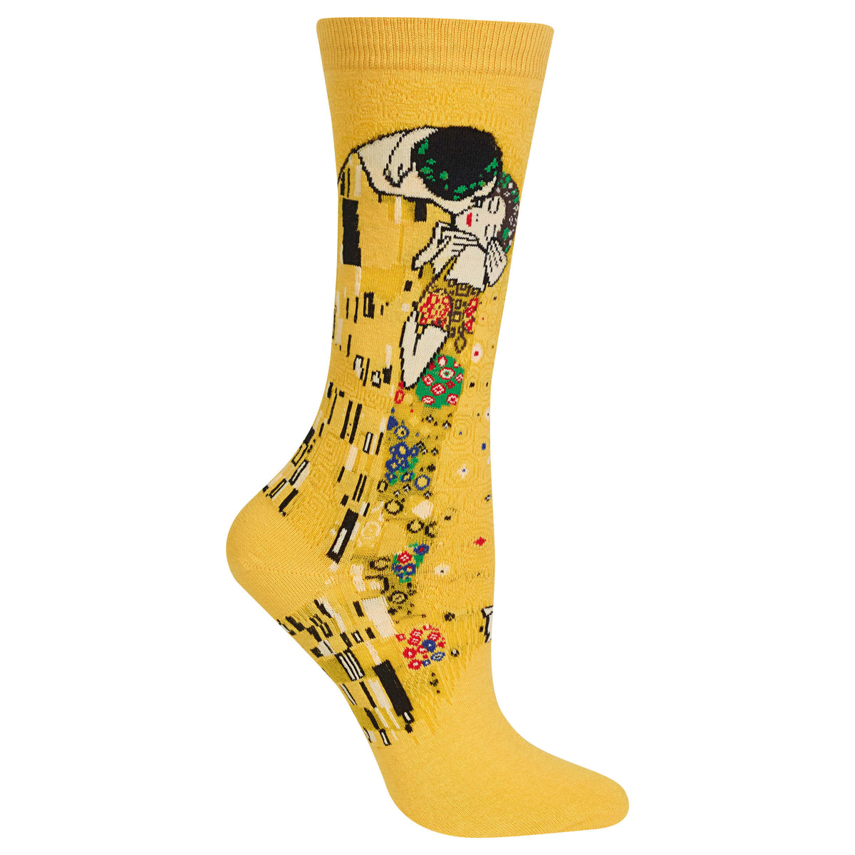 A single yellow crew sock featuring a stylized art print of Gustav Klimt's 'The Kiss' in black, white, green, red, and blue, shown against a plain white background.
