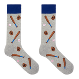 A pair of heather gray crew socks with a baseball-themed print featuring brown bats, gloves, balls, and a dark blue cuff, shown on a plain white background.