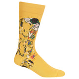 A single mustard yellow crew sock featuring a stylized graphic print of Gustav Klimt's 'The Kiss' on the leg, shown against a plain white background. thumbnail