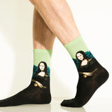 Mona Lisa-themed socks worn by a person on a light background