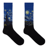 A pair of crew socks featuring a blue and yellow Van Gogh-inspired swirling night sky and cypress tree design on the upper portion, with solid black feet below, shown on a plain white background.