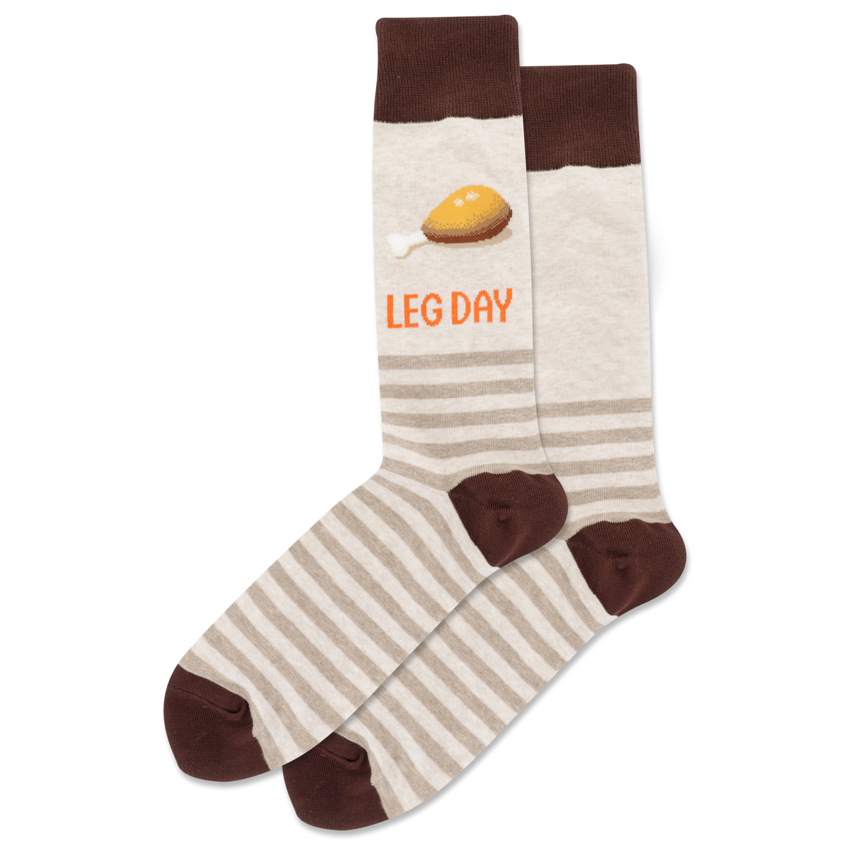 Striped socks with 'LEG DAY' and a dumbbell graphic on a white background