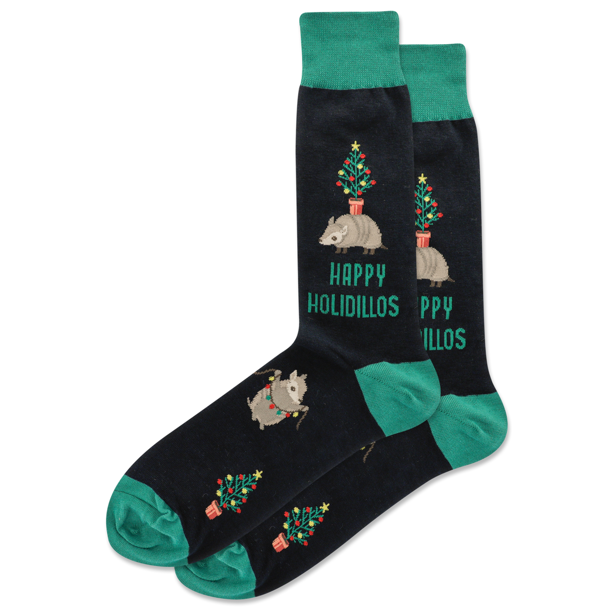 Black socks with green accents featuring hedgehogs and Christmas trees, text 'Happy Holidillos'.