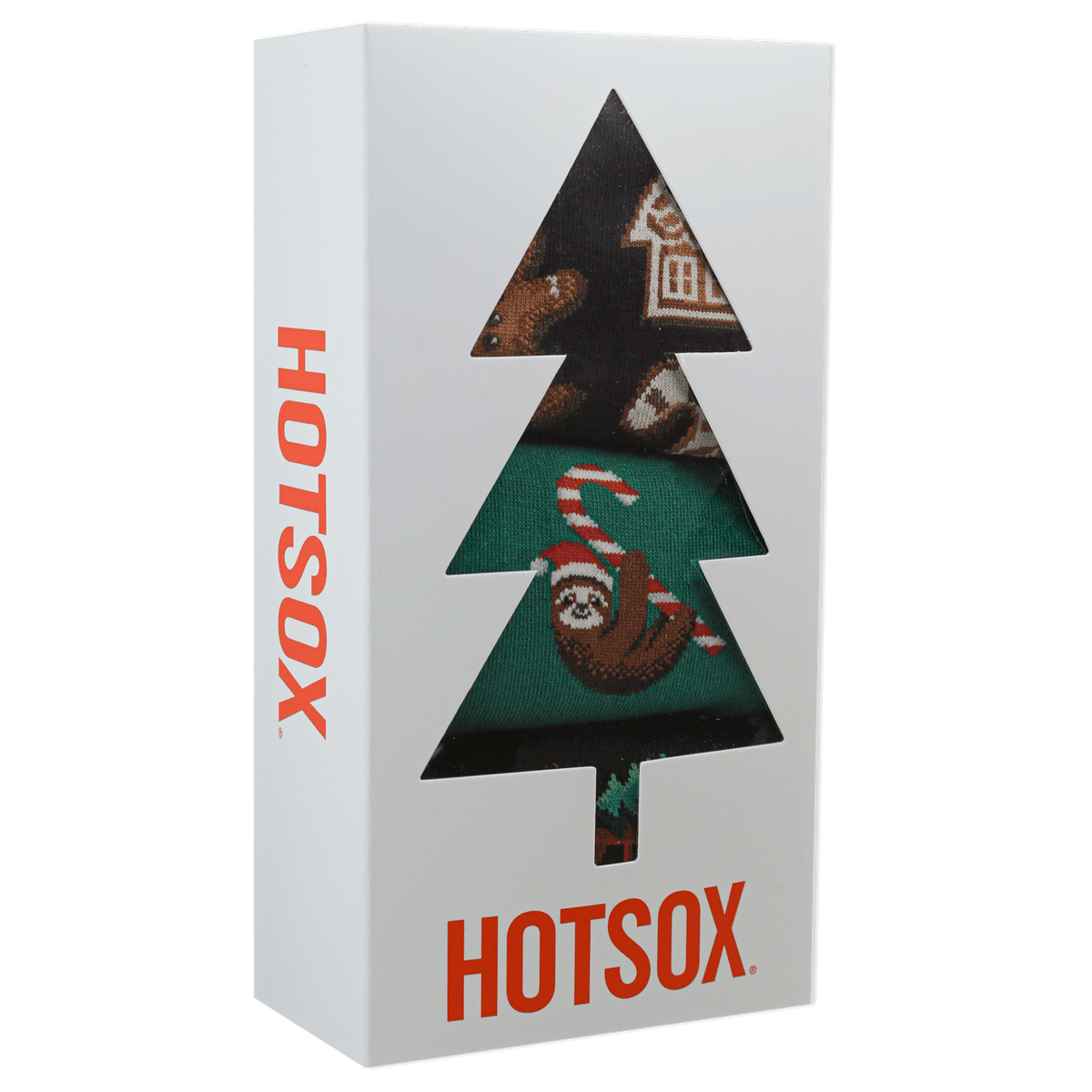 Three pairs of Christmas-themed socks in a 'HOTSOX' box on a white background