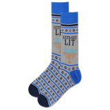 A pair of men's crew socks with blue and gray color scheme, featuring lit candles on the menorah and star of david designs, and the text 'LET'S GET LIT'.
