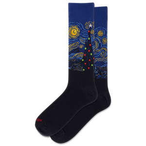 Black socks with a Starry Night design on a white background