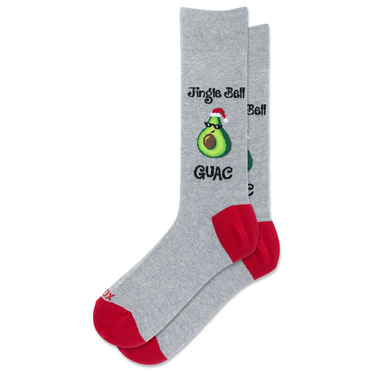 A pair of heather gray crew socks with red heels and toes, featuring a graphic of a green avocado wearing a Santa hat with the text 'Jingle Bell Guac'.