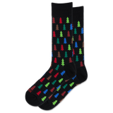 A pair of black crew socks with a repeating pattern of colorful Christmas tree silhouettes in red, green, blue, and brown, displayed against a solid white background. thumbnail