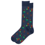 A pair of navy blue crew socks with a repeating pattern of cartoon bears opening green presents and wearing red hats, shown on a plain white background.