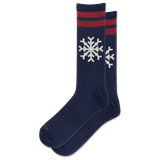 A pair of navy blue crew socks with red stripes near the top and white snowflake motifs, displayed on a clean white background.