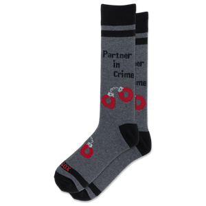 A pair of heather gray crew socks with black cuffs, heels, and toes, featuring a graphic of red handcuffs and the text 'Partner in Crime' on the sides.