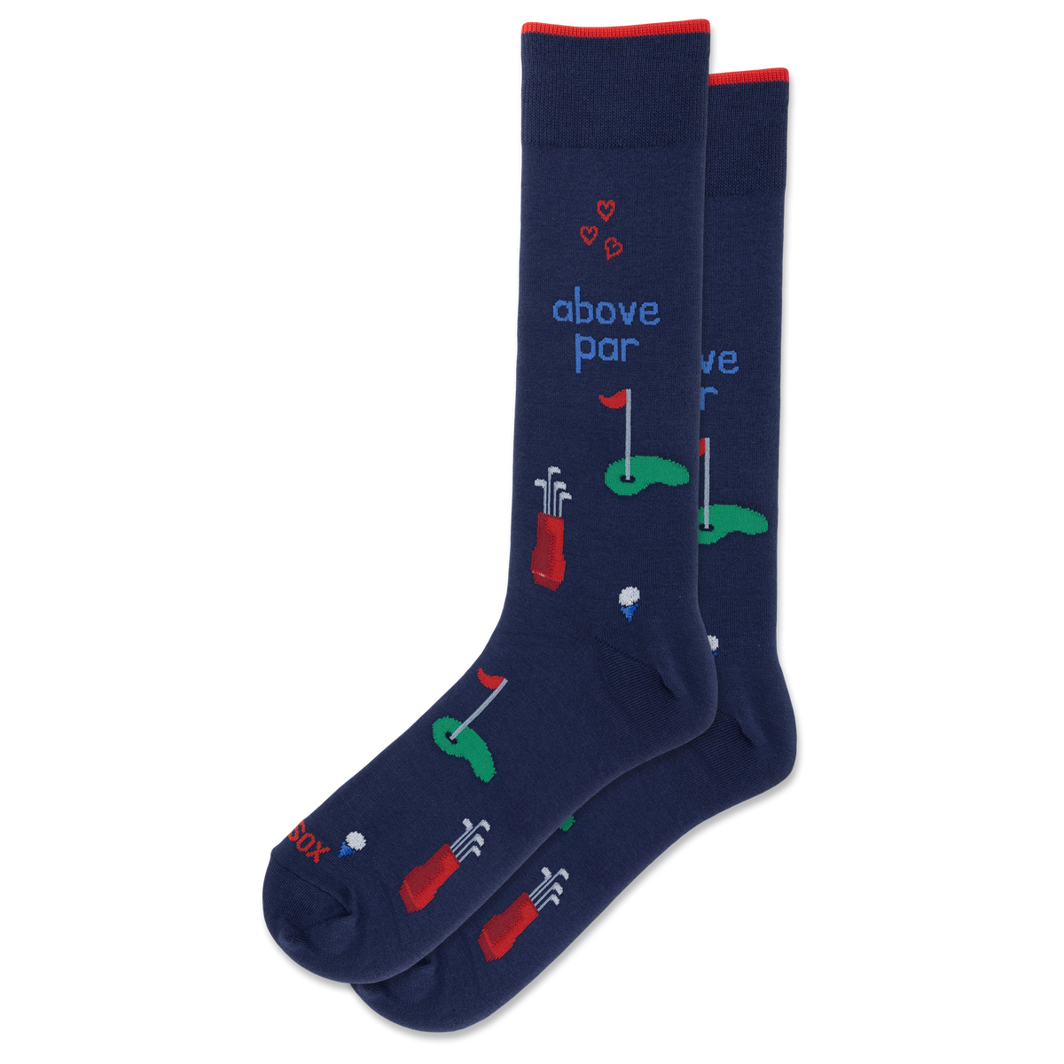 A pair of navy blue crew socks with golf-themed illustrations and the text 'above par' on a clean white background.