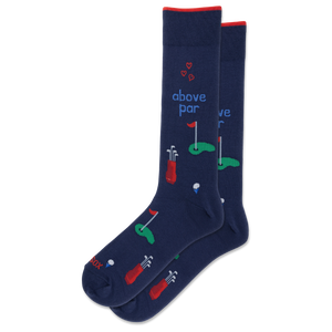 A pair of navy blue crew socks with golf-themed illustrations and the text 'above par' on a clean white background.