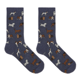 A pair of navy blue crew socks with an all-over print of various dog breeds in brown, white, and tan, displayed flat against a solid white background. thumbnail