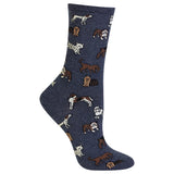 A single crew sock in heathered navy blue, featuring an all-over pattern of various dog illustrations in brown, white, and black, shown against a plain white background. thumbnail