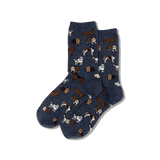 Pair of navy blue socks with dog pattern on a white background thumbnail